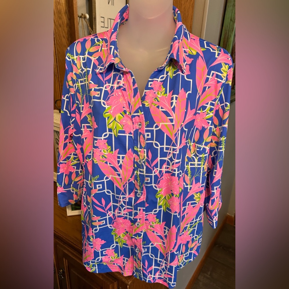 Lulu-B Blue and Pink Notched Collar Button Down Shirt